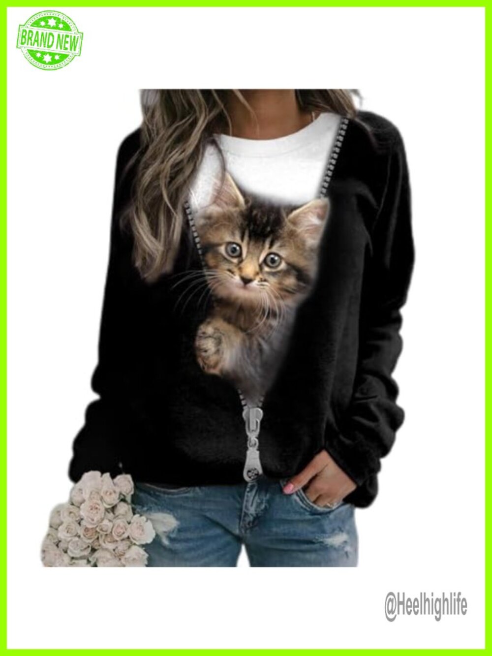 Women's Cat Pullover Sweatshirt Crewneck Lightweight Casual Tunic Top Long